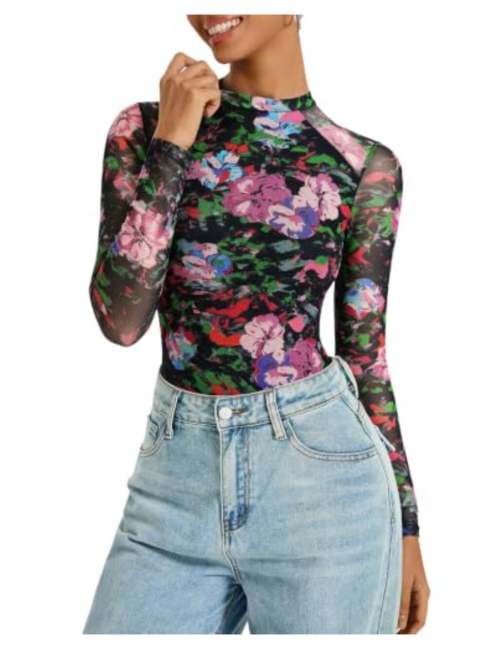 Mesh Long Sleeve Bodysuit Double-Layer Nylon Spandex Slim Fit Top